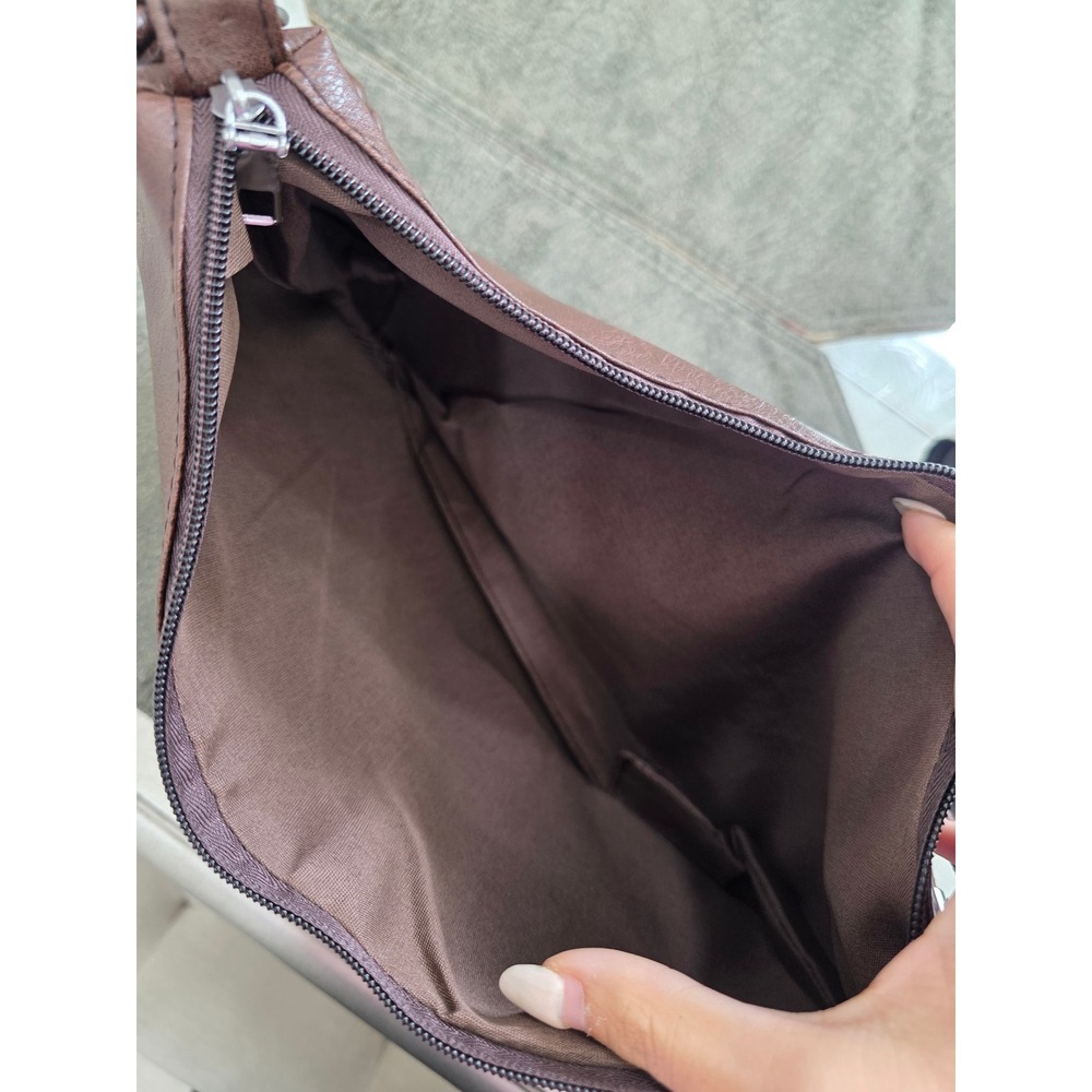 Brown Faux Leather Shoulder Bag Hobo Style Knot Detail Top Zip Closure - Picture 8 of 8